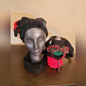 Handcrafted Black and Red and Green Crochet Headscarf and 20oz Water  Bottle Set